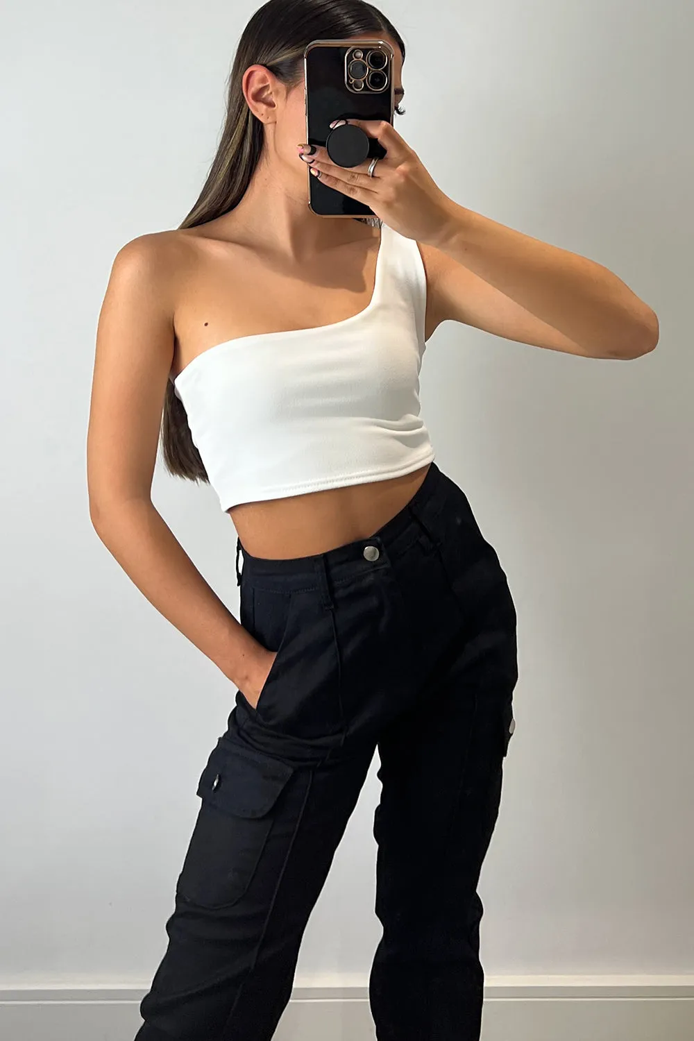 Ariaa White One Shoulder Crop Top