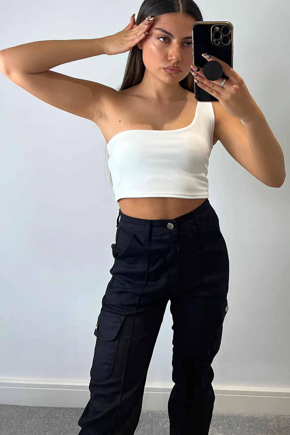 Ariaa White One Shoulder Crop Top