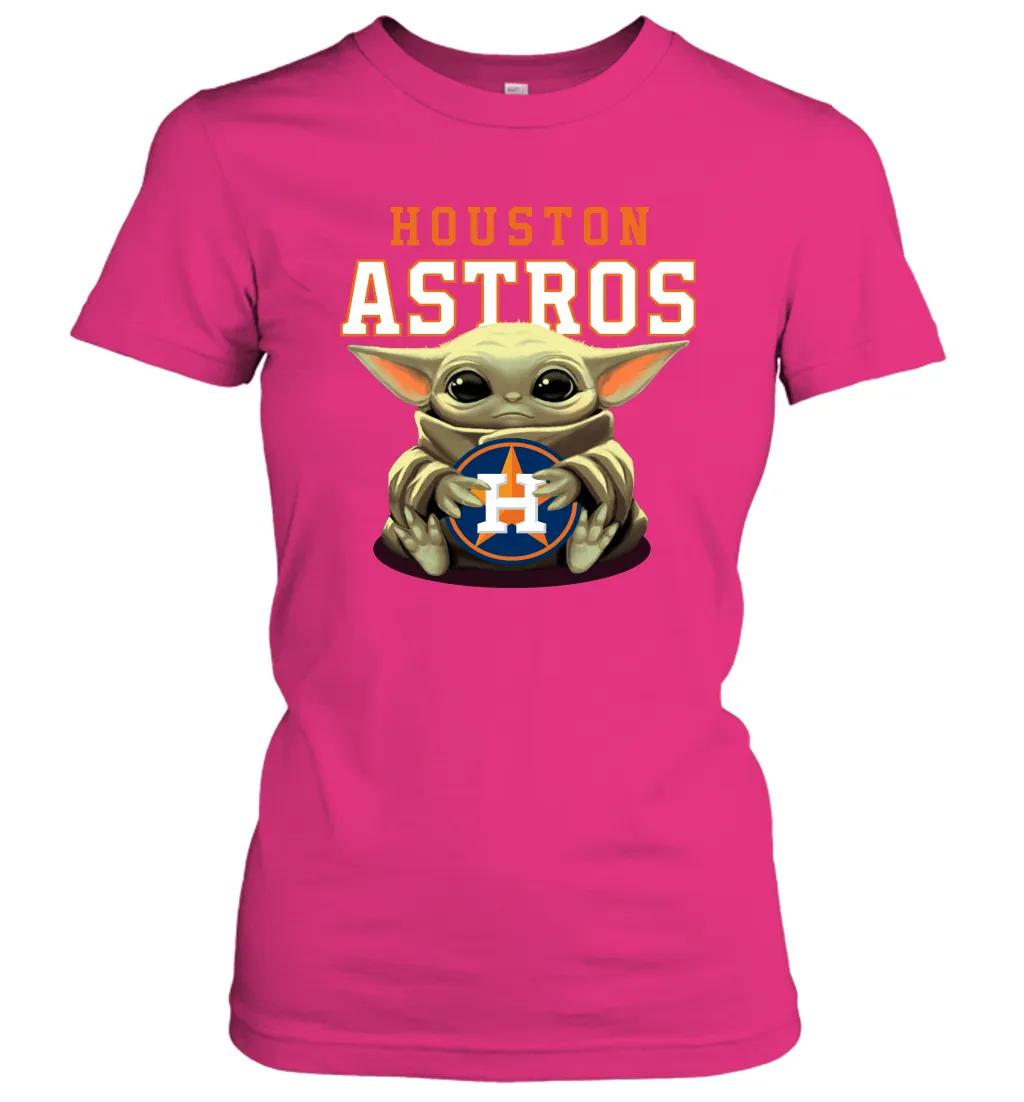 Baby Yoda Hugs Loves The Houston Astros Baseball Womens T-Shirt