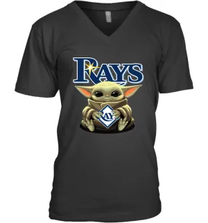 Baby Yoda Hugs Loves The Tampa Bay Rays Baseball Mens V-Neck T-Shirt