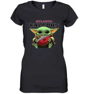 Baby Yoda Loves The Atlanta Falcons Star Wars Baby Yoda Hugs Falcons NFL Womens V-Neck T-Shirt