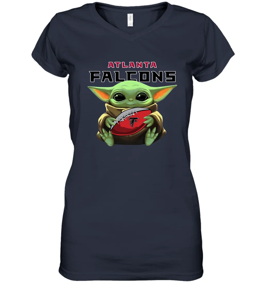 Baby Yoda Loves The Atlanta Falcons Star Wars Baby Yoda Hugs Falcons NFL Womens V-Neck T-Shirt