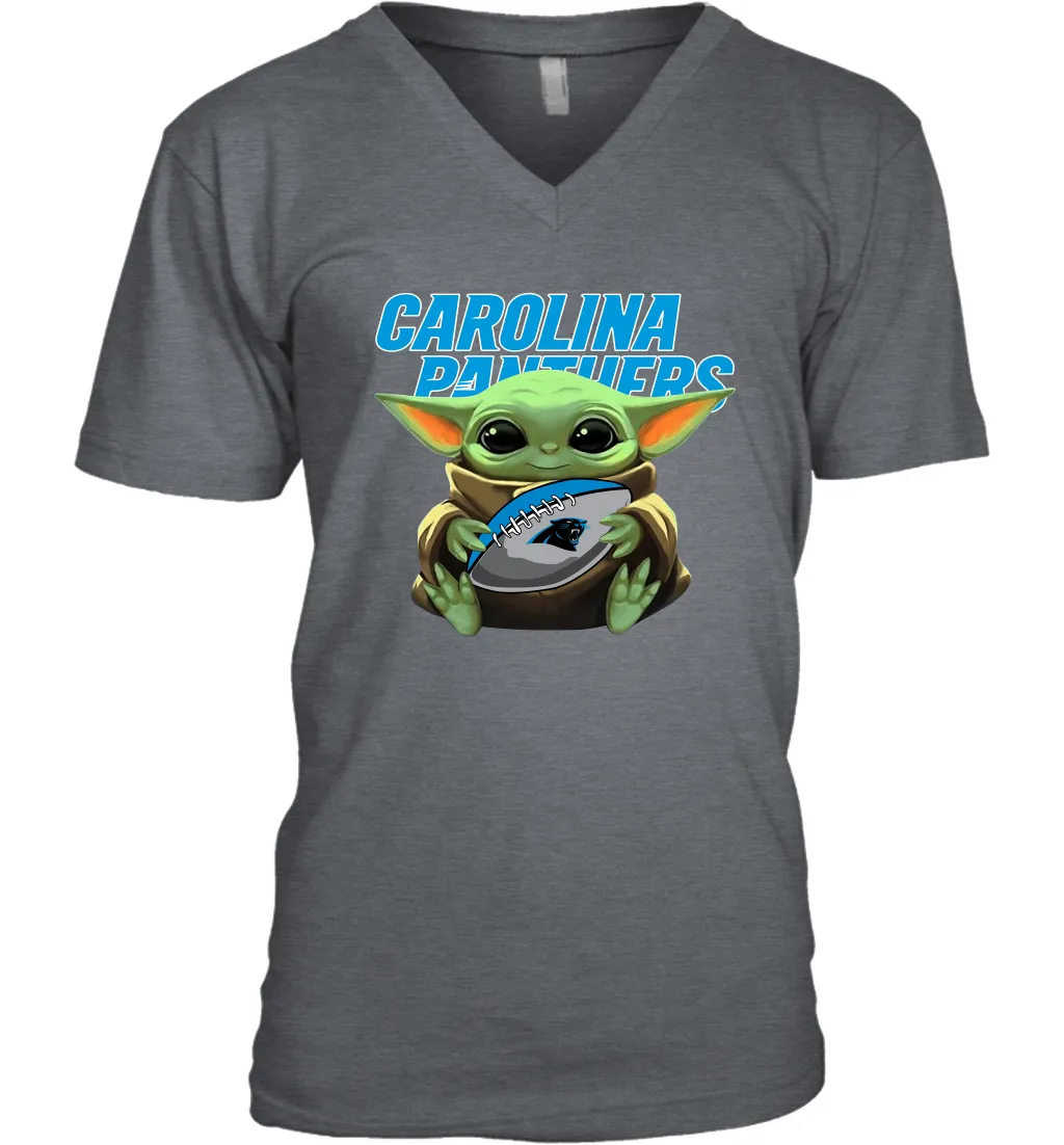 Baby Yoda Loves The Carolina Panthers Star Wars Baby Yoda Hugs Panthers NFL Mens V-Neck T-Shirt