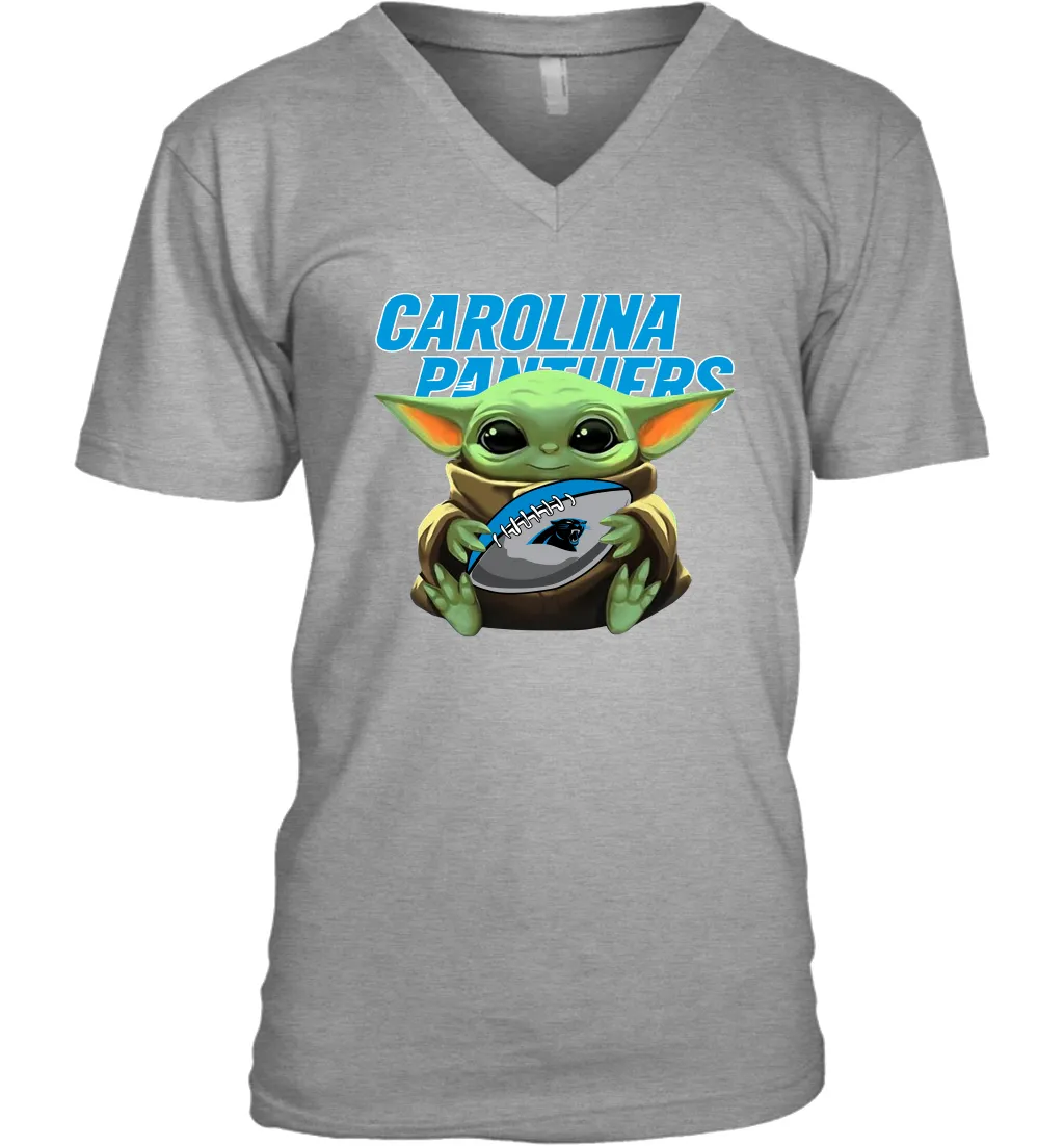 Baby Yoda Loves The Carolina Panthers Star Wars Baby Yoda Hugs Panthers NFL Mens V-Neck T-Shirt