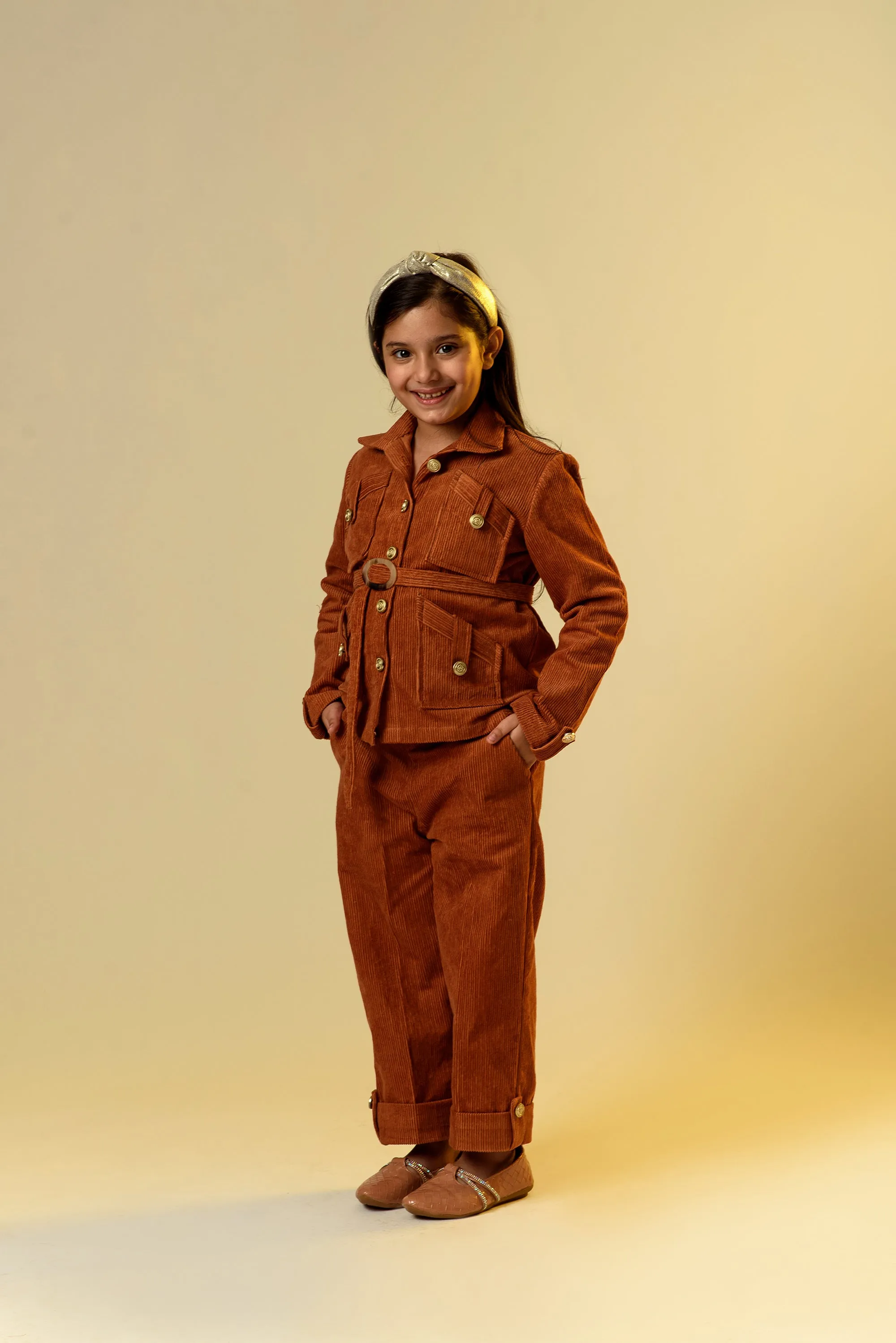 Backwood Radiance- Organic Corduroy Shirt & Trousers With Belt For Girls