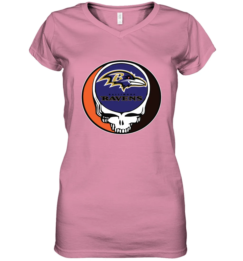 Baltimore Ravens Grateful Dead Steal Your Face NFL Football Womens V-Neck T-Shirt