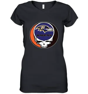 Baltimore Ravens Grateful Dead Steal Your Face NFL Football Womens V-Neck T-Shirt