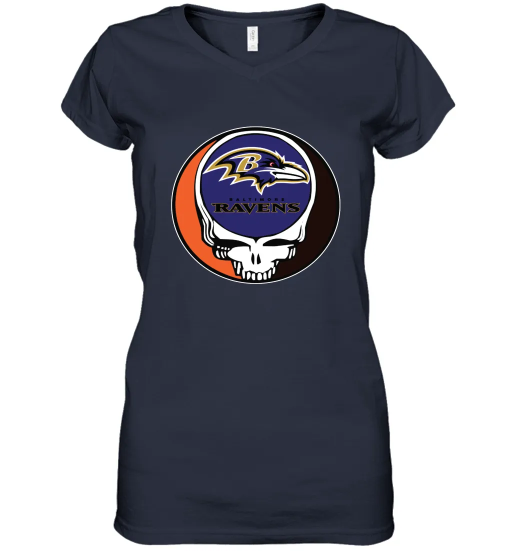 Baltimore Ravens Grateful Dead Steal Your Face NFL Football Womens V-Neck T-Shirt