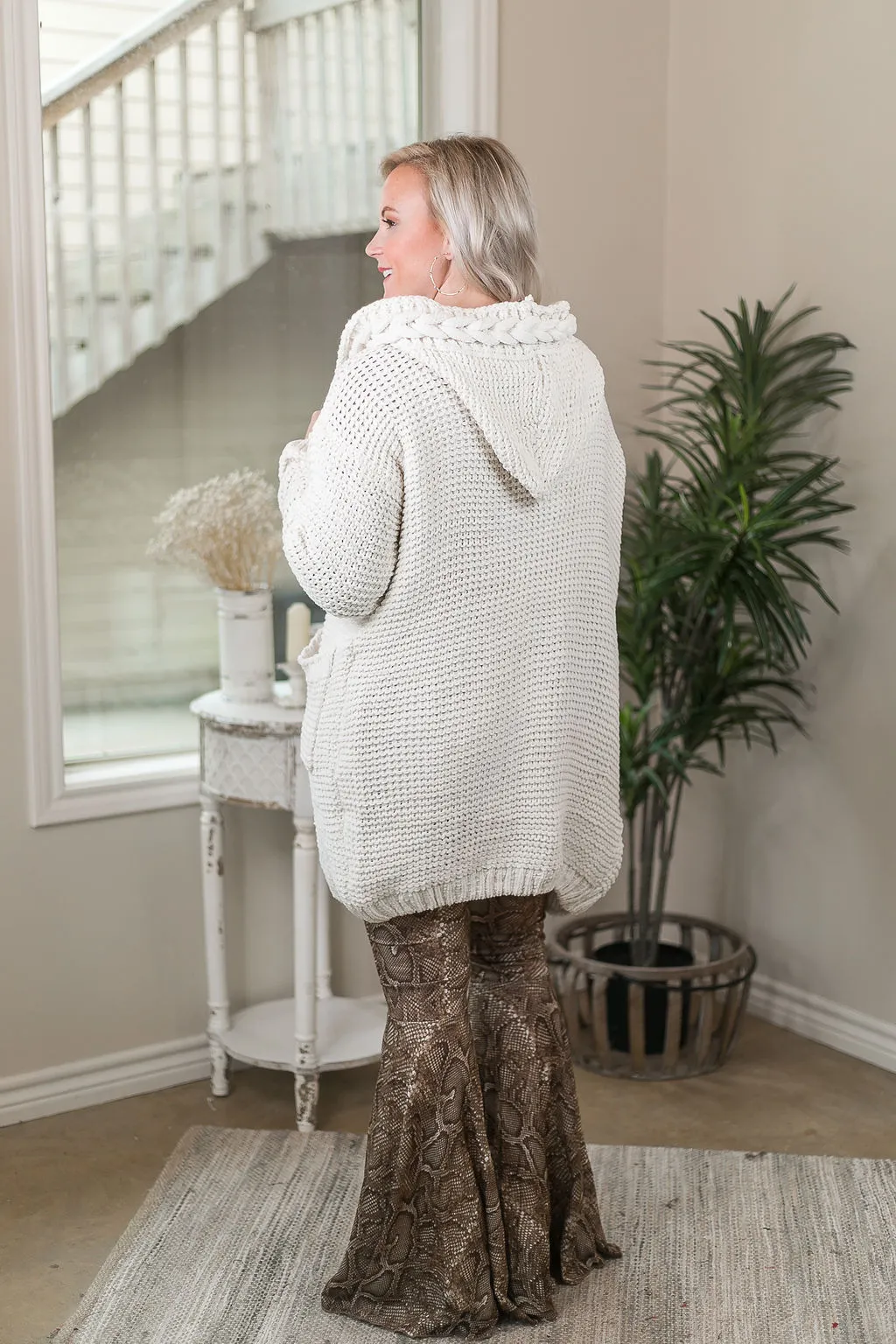 Bare The Cold Long Sleeve Knit Cardigan with Hood & Braided Trim in Ivory