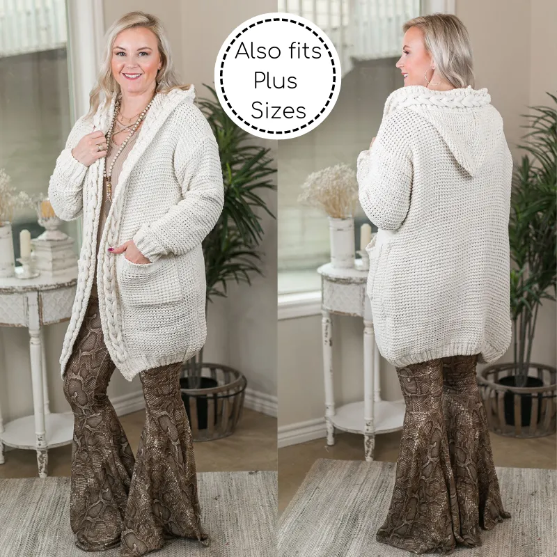 Bare The Cold Long Sleeve Knit Cardigan with Hood & Braided Trim in Ivory