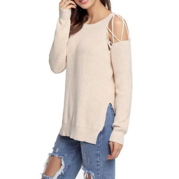 Beige Open Shoulder Sweater