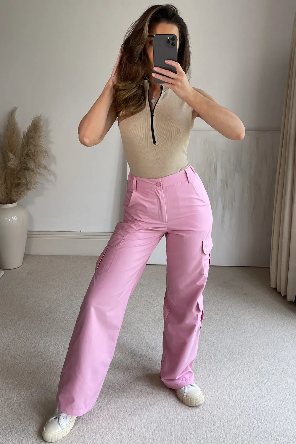 Bianca Pink Pocket Detail Wide Leg Cargo Trousers