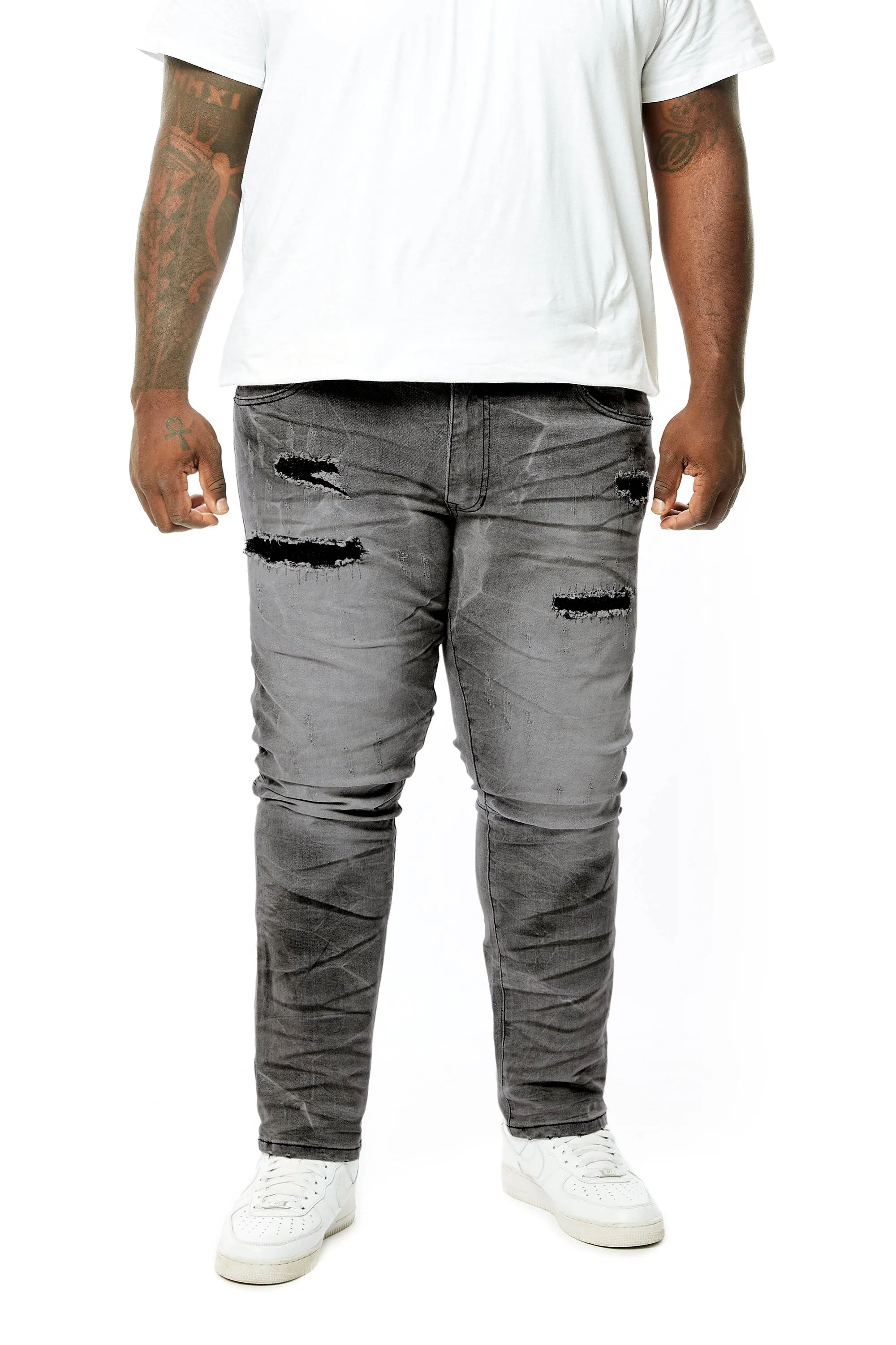 Big and Tall - Rip & Repaired Lightning Washed Denim Jeans - Lightning Black