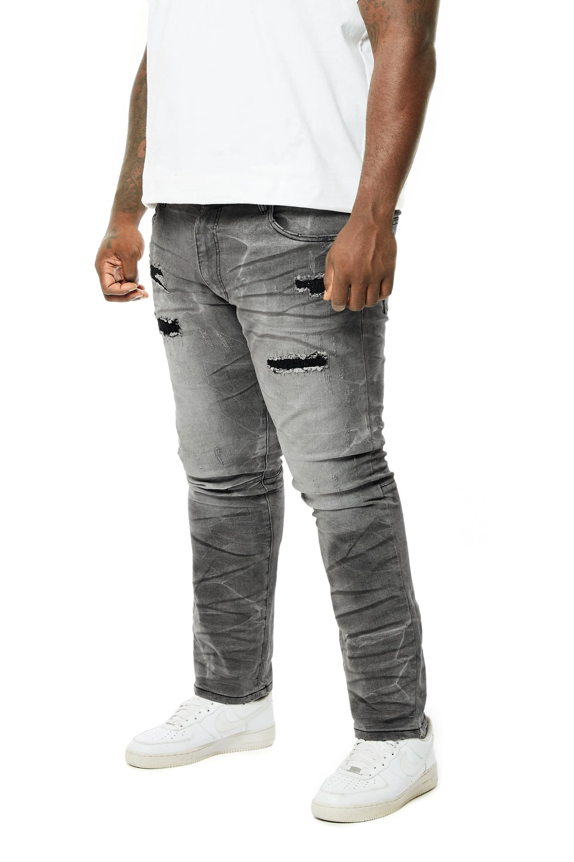 Big and Tall - Rip & Repaired Lightning Washed Denim Jeans - Lightning Black