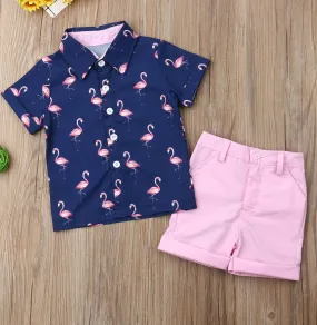 Boys Flamingo Shirt Button Up and Shorts Set Cute Toddler Boy Outfits Tropical Hawaii