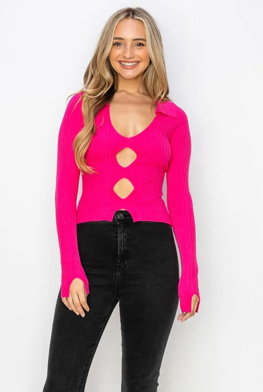 BRENDA U NECKLINE COLLAR LONG SLEEVE SWEATER