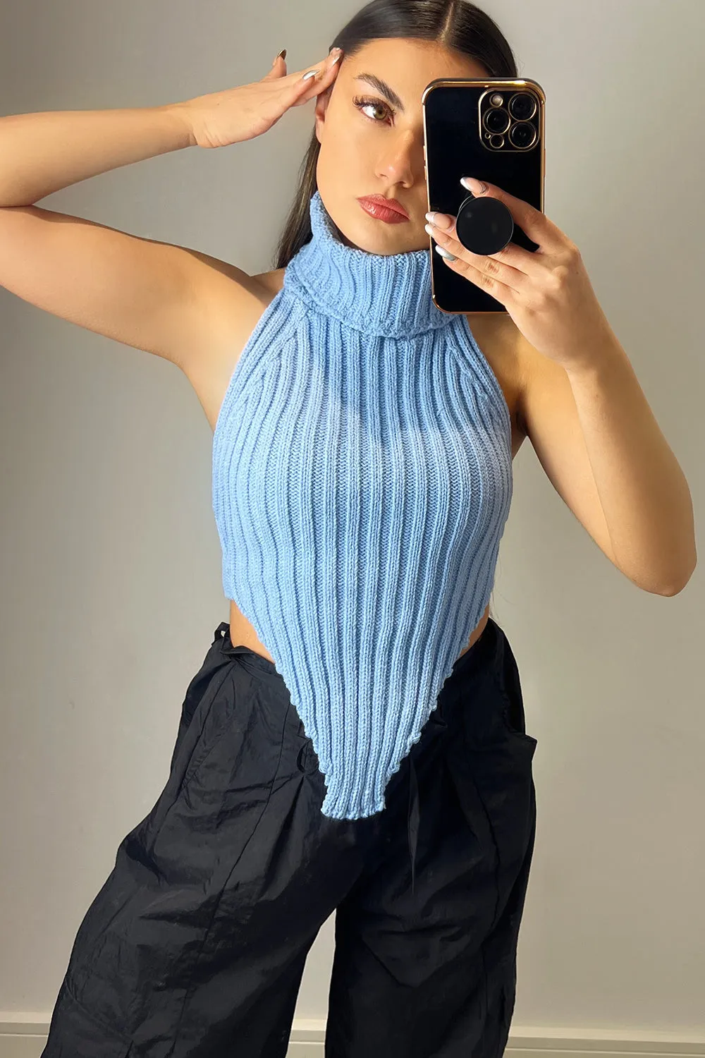 Caitlin Blue Roll Neck Distressed Hem Knit Crop Top