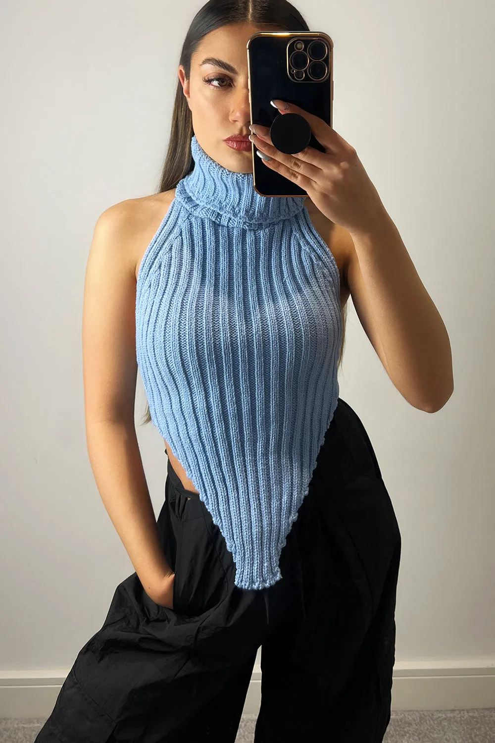 Caitlin Blue Roll Neck Distressed Hem Knit Crop Top