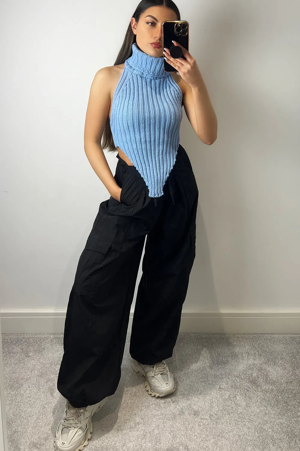 Caitlin Blue Roll Neck Distressed Hem Knit Crop Top