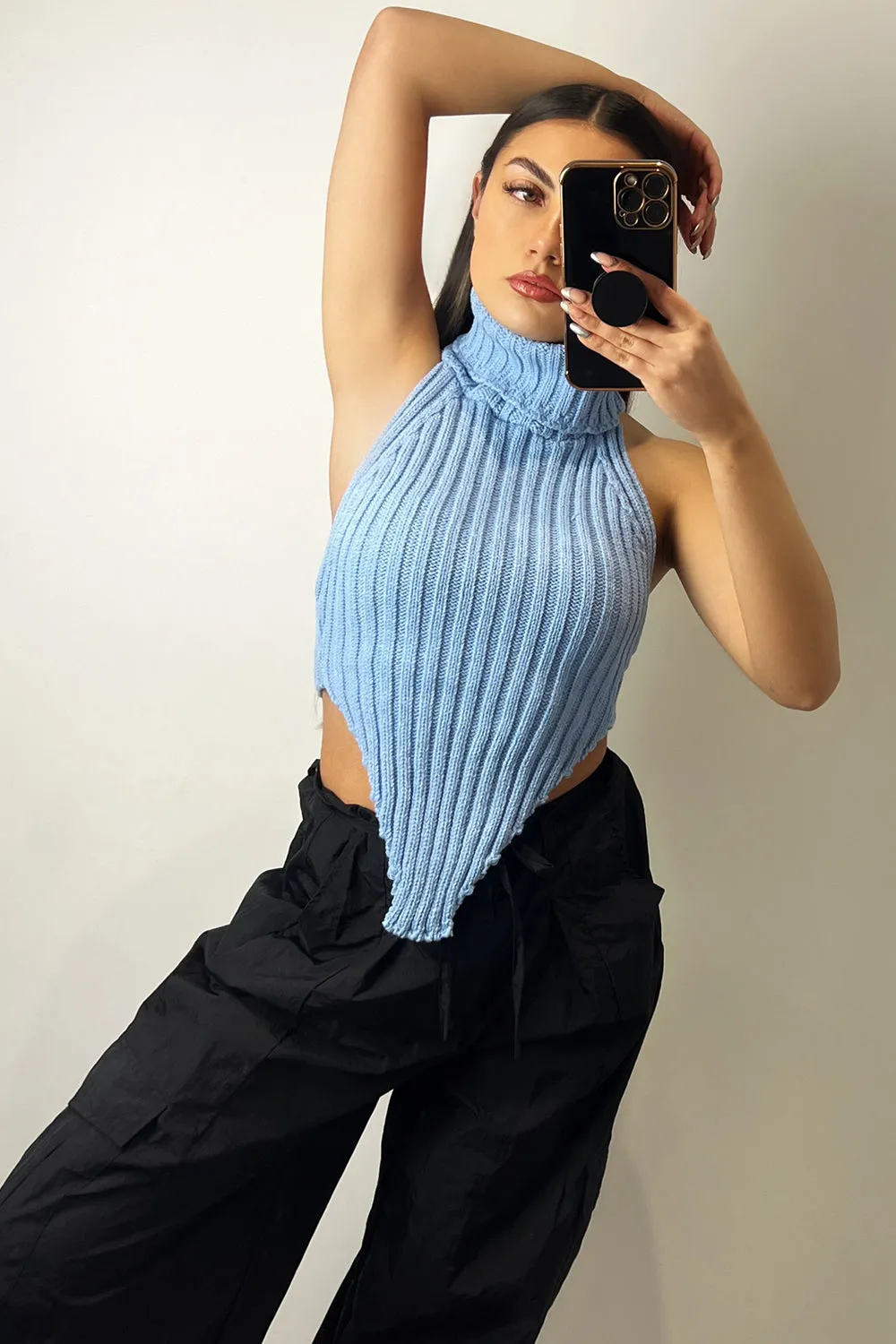 Caitlin Blue Roll Neck Distressed Hem Knit Crop Top