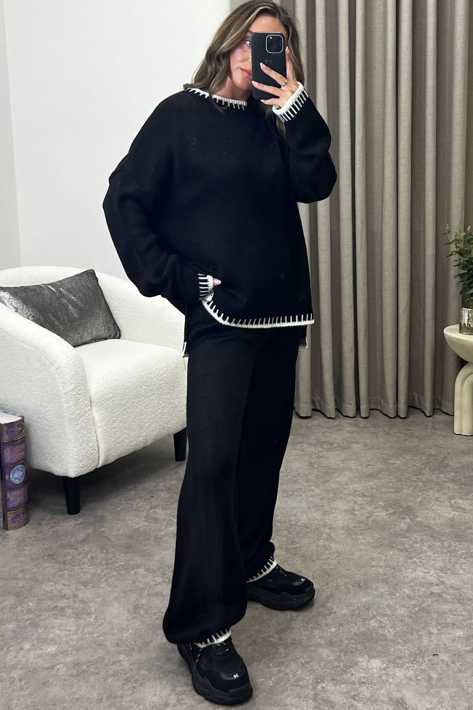 Camina Black Contrasting Trim Knitted Jumper and Trousers Co-Ord Set