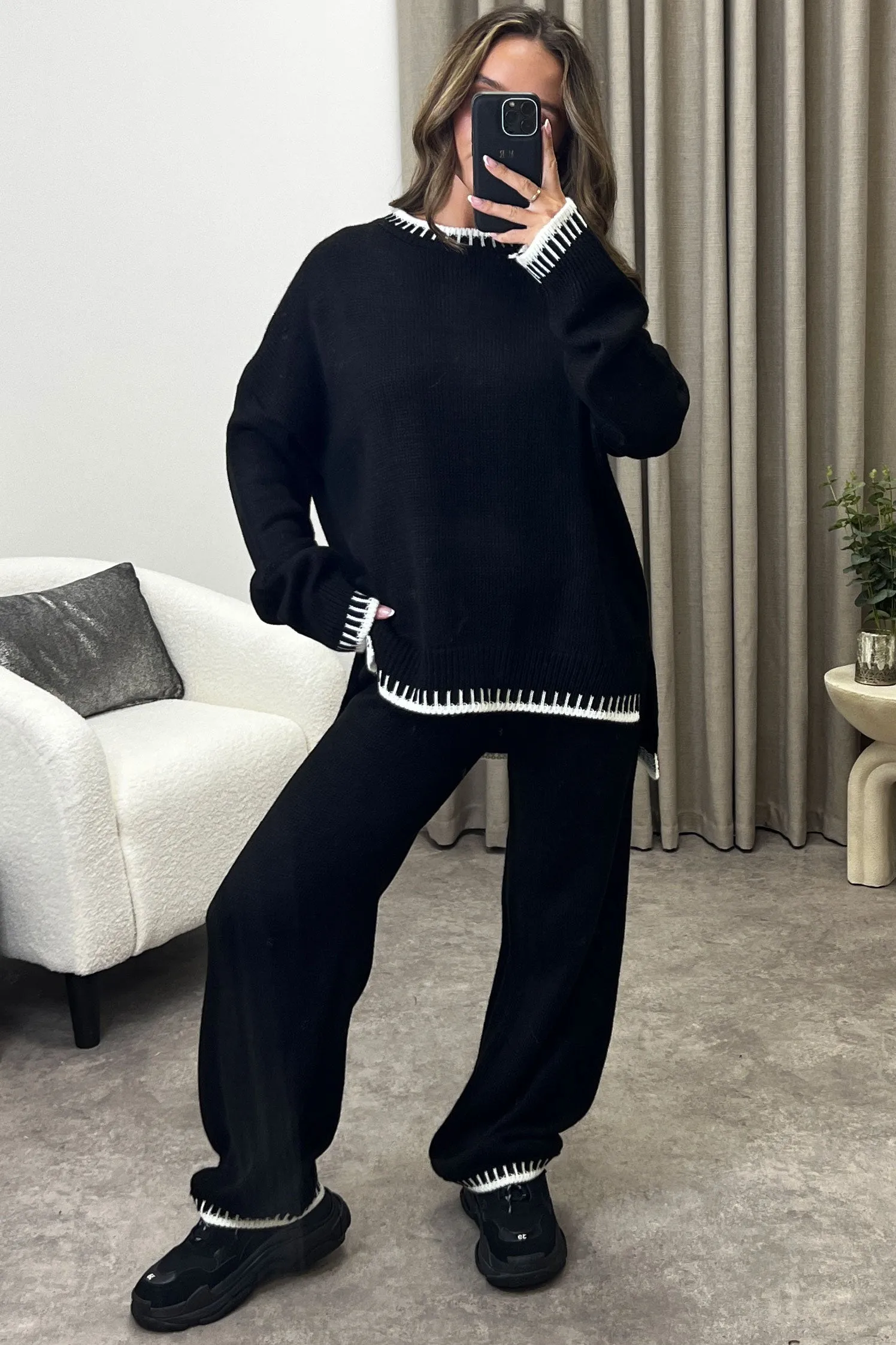 Camina Black Contrasting Trim Knitted Jumper and Trousers Co-Ord Set