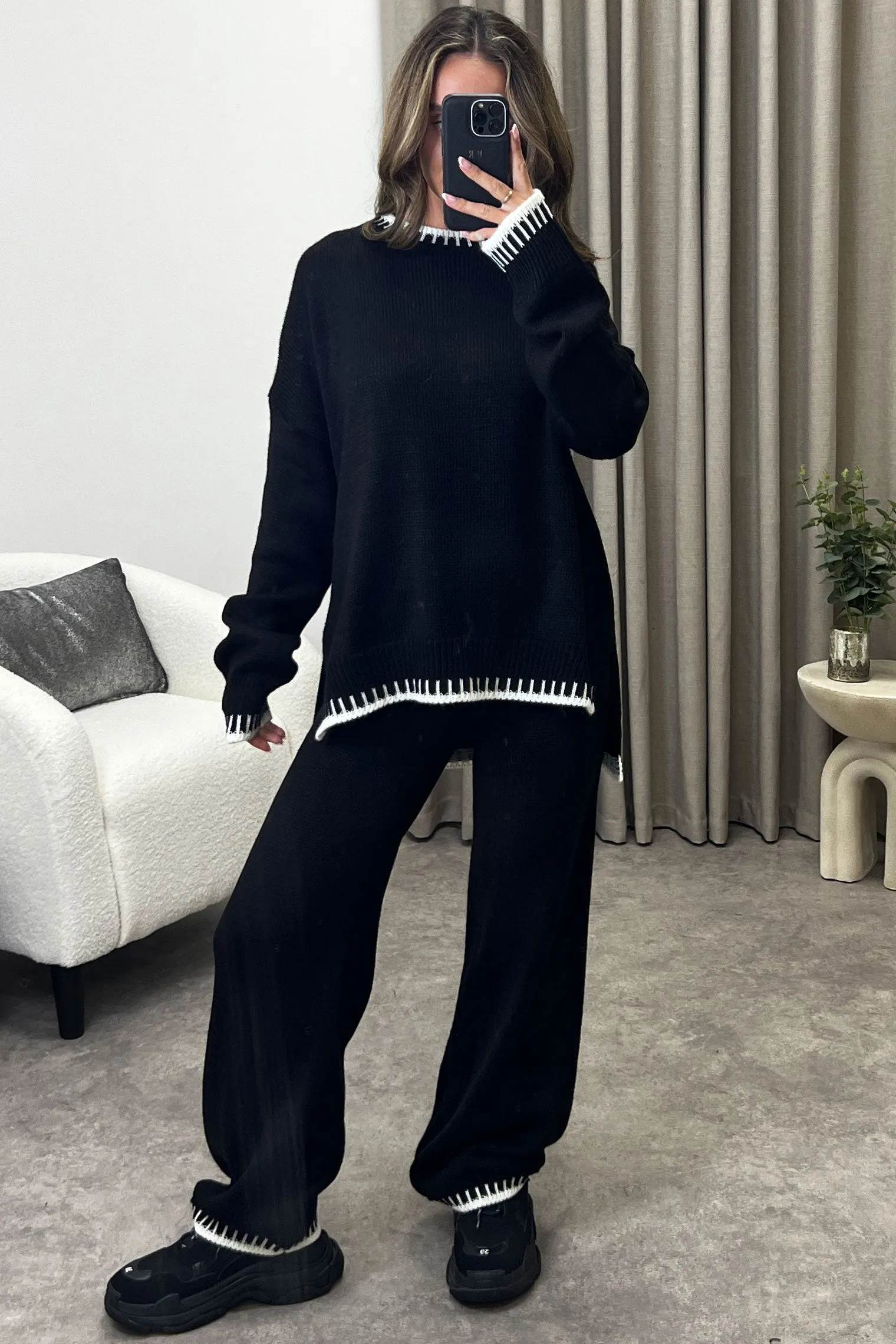 Camina Black Contrasting Trim Knitted Jumper and Trousers Co-Ord Set