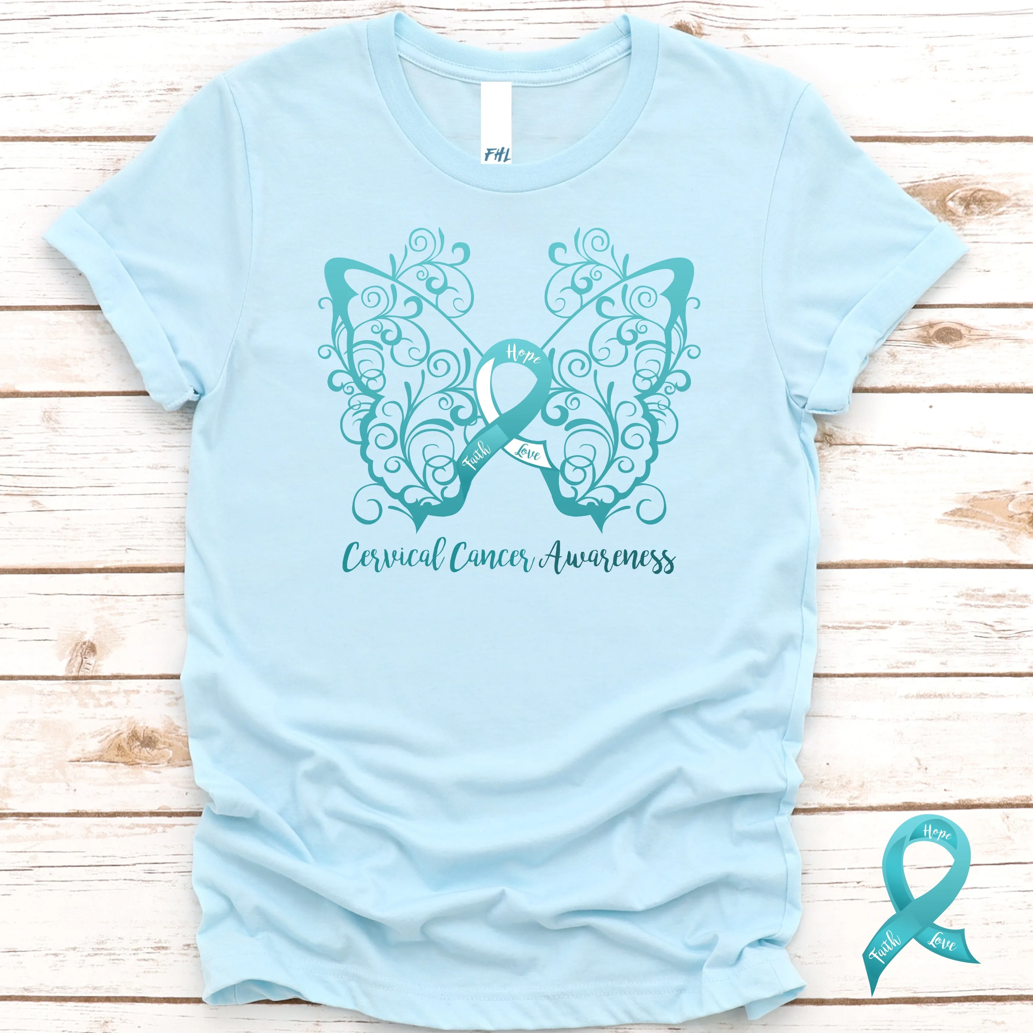 Cervical Cancer Awareness Filigree Butterfly T-Shirt - Several Colors Available