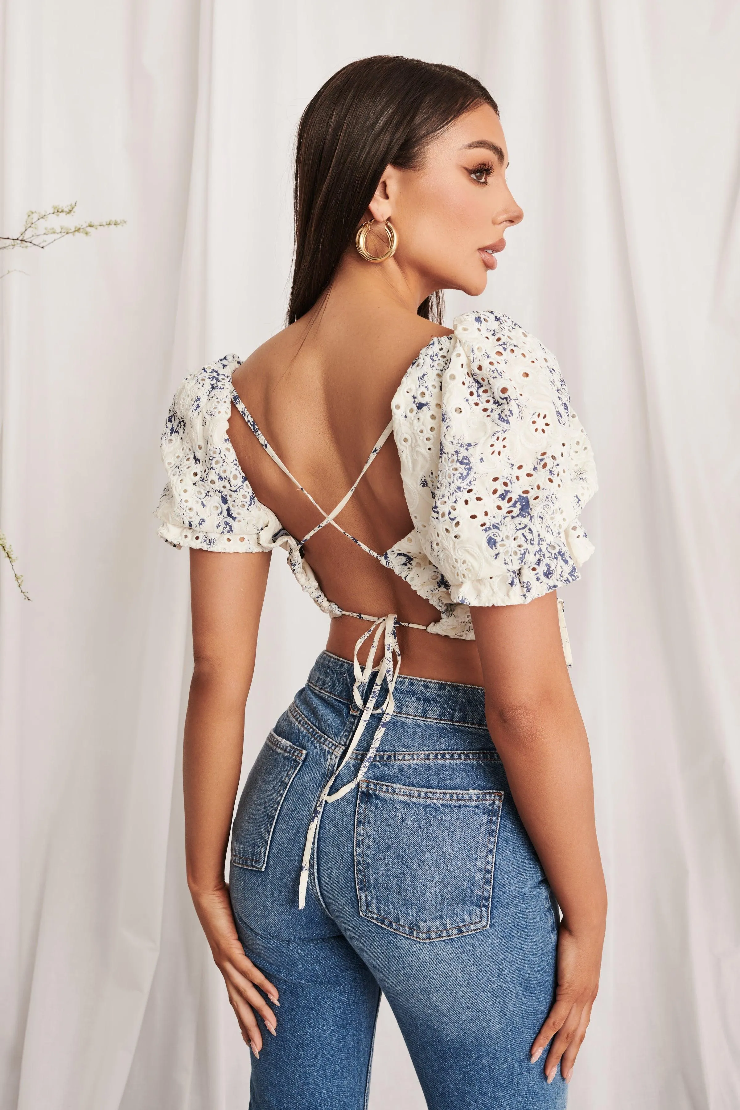 EMERY Broderie Gathered Strappy Back Top in Porcelain