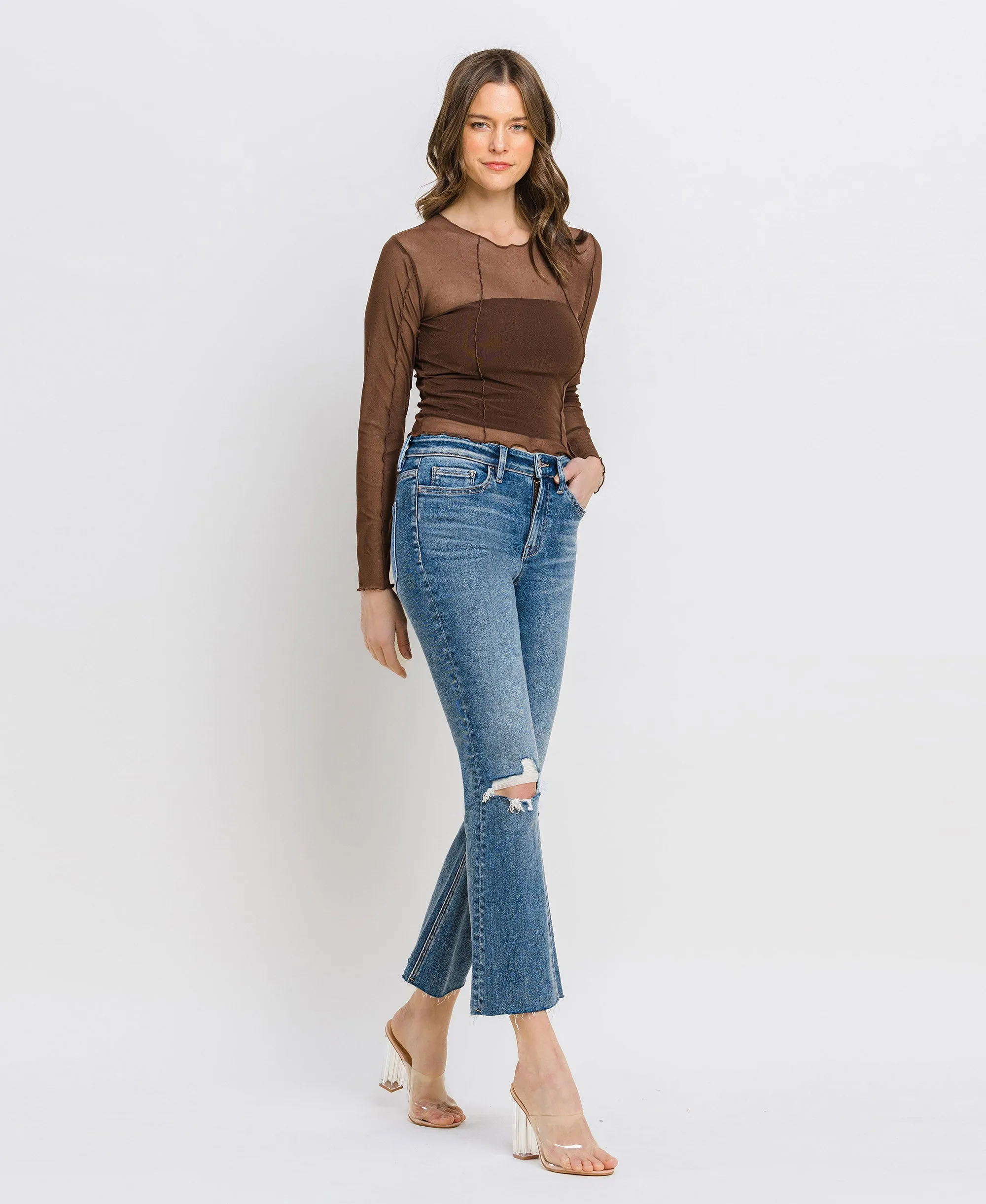 Feasibly - High Rise Clean Cut Hem Crop Flare Jeans