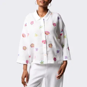 Floral Embroidery Boxy Shirt - White/Multi