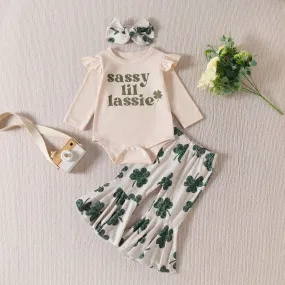 Four Leaf Grass St. Patrick's Day Letter Flying Sleeve Romper Trumpet Trousers Girls' Suit