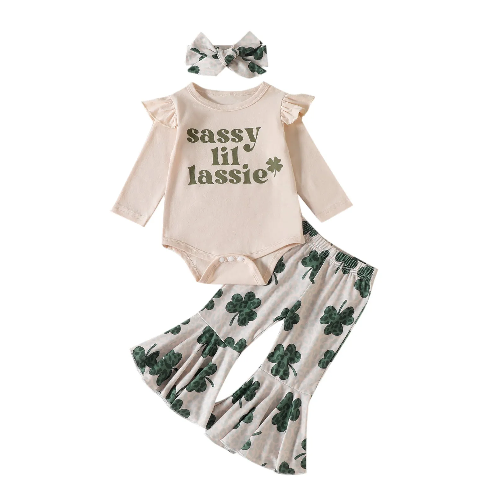 Four Leaf Grass St. Patrick's Day Letter Flying Sleeve Romper Trumpet Trousers Girls' Suit