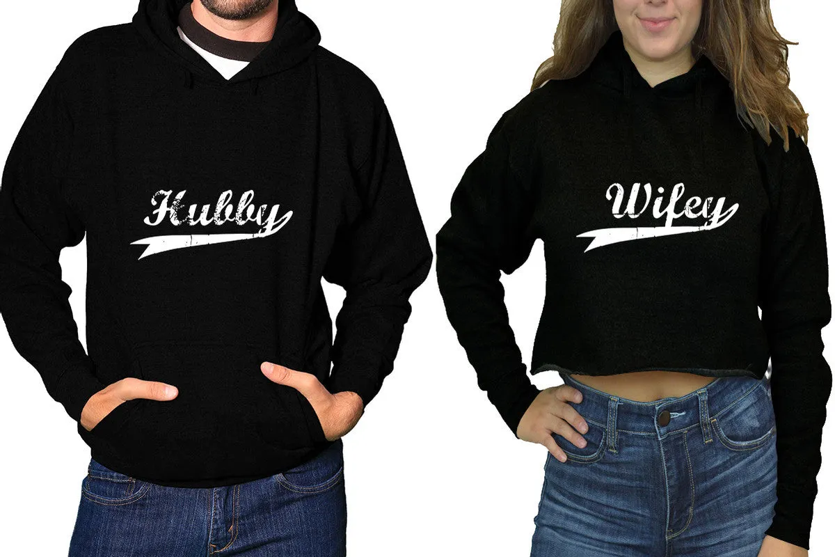 Hubby Wifey Couple Matching Hoodies, Ladies Crop Top Hoodie and Mens Pullover Hoodie