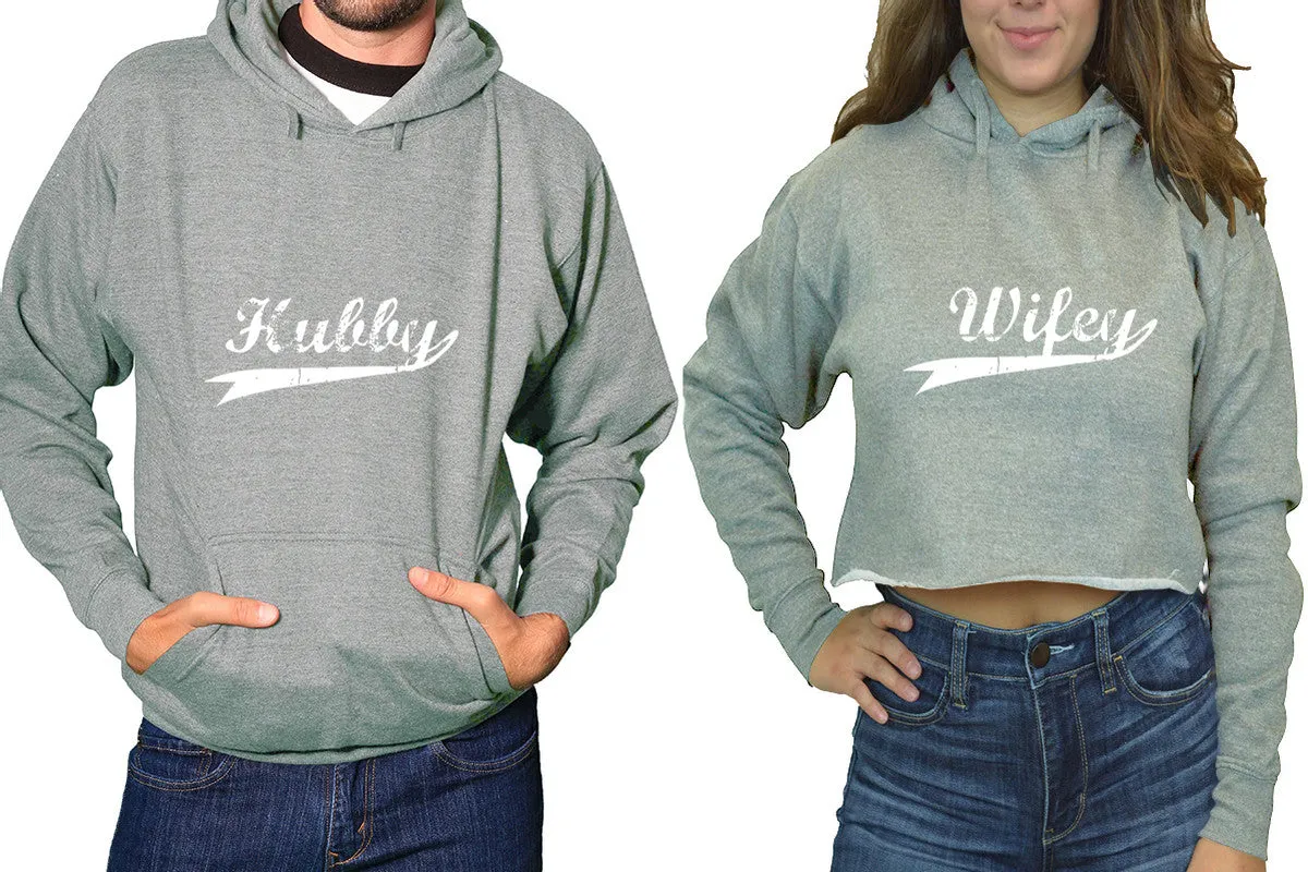 Hubby Wifey Couple Matching Hoodies, Ladies Crop Top Hoodie and Mens Pullover Hoodie