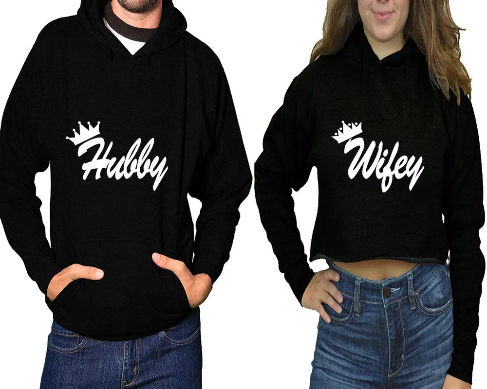 Hubby Wifey Couple Matching Pullover Hoodie for Man, Crop Top Hoodie for Woman