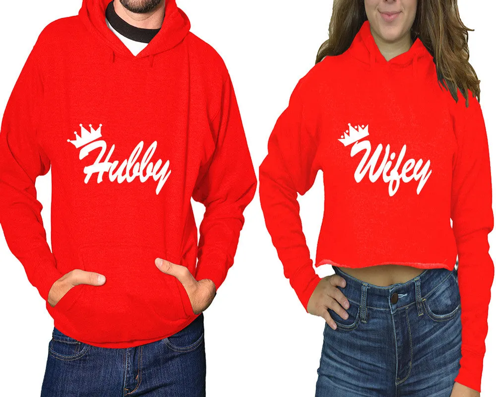 Hubby Wifey Couple Matching Pullover Hoodie for Man, Crop Top Hoodie for Woman