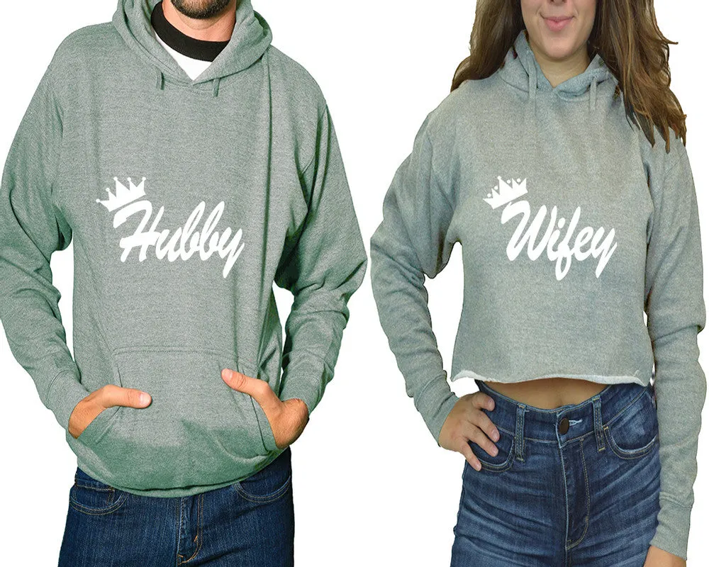 Hubby Wifey Couple Matching Pullover Hoodie for Man, Crop Top Hoodie for Woman