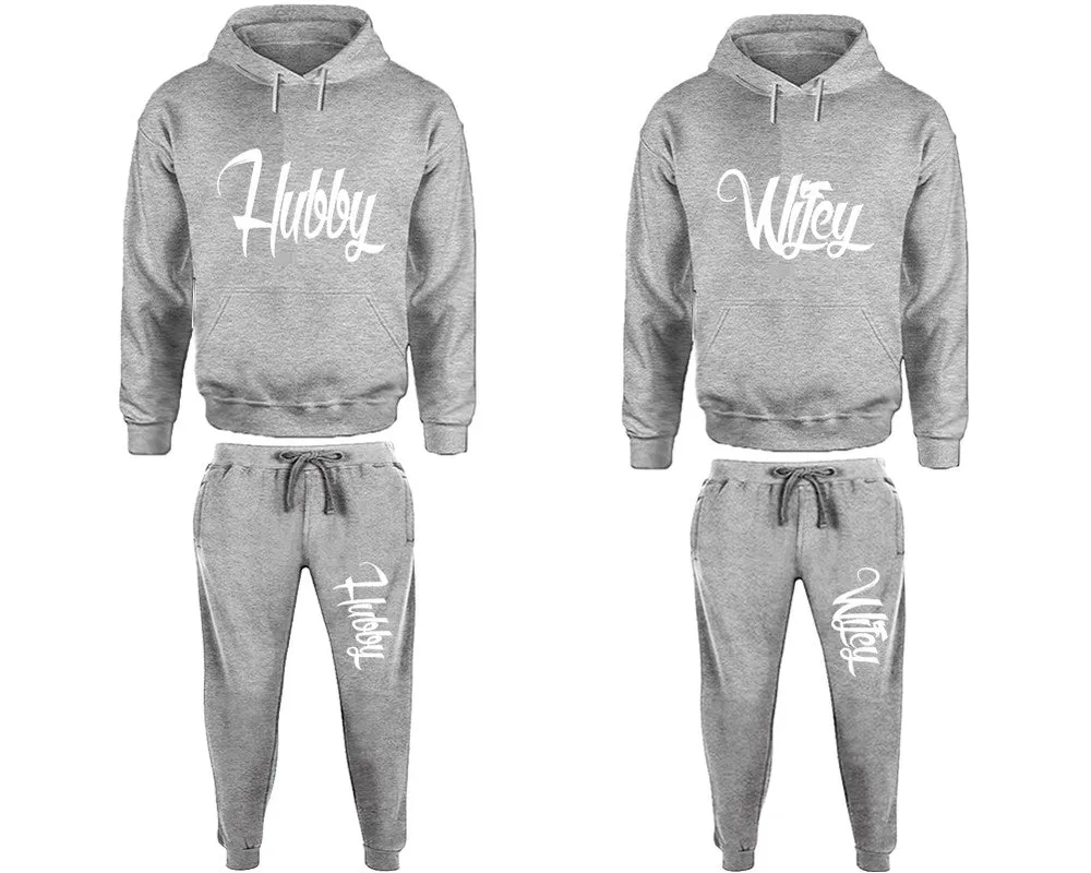 Hubby Wifey Couple Matching Pullover Hoodies and Jogger Pants Top & Bottom Sets