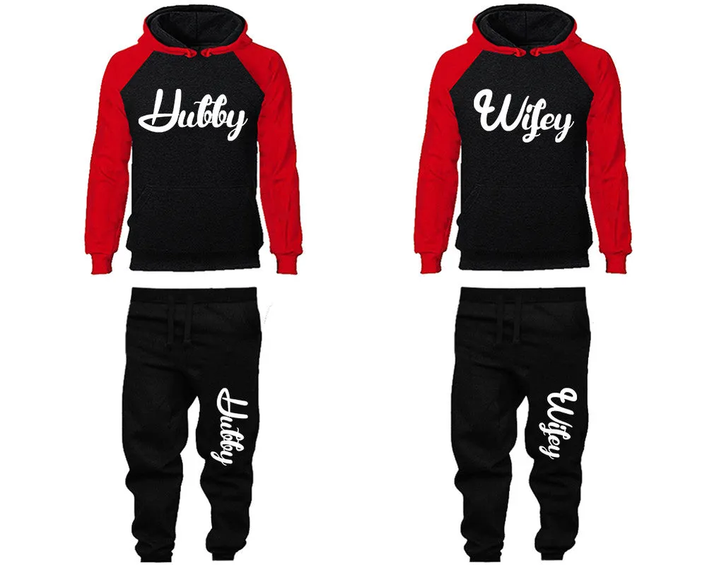 Hubby Wifey Couple Matching Raglan Hoodies and Jogger Pants Top & Bottom Sets