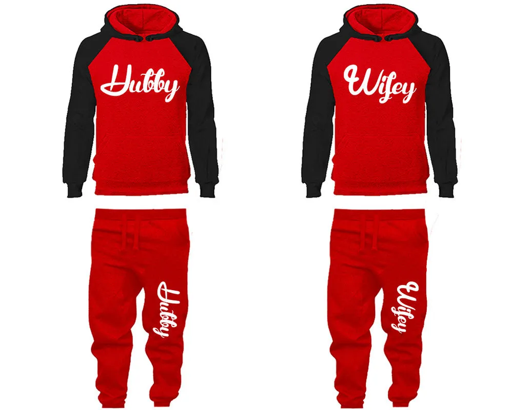 Hubby Wifey Couple Matching Raglan Hoodies and Jogger Pants Top & Bottom Sets