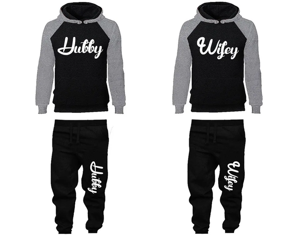 Hubby Wifey Couple Matching Raglan Hoodies and Jogger Pants Top & Bottom Sets