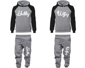 Hubby Wifey Couple Matching Raglan Hoodies and Jogger Pants Top & Bottom Sets