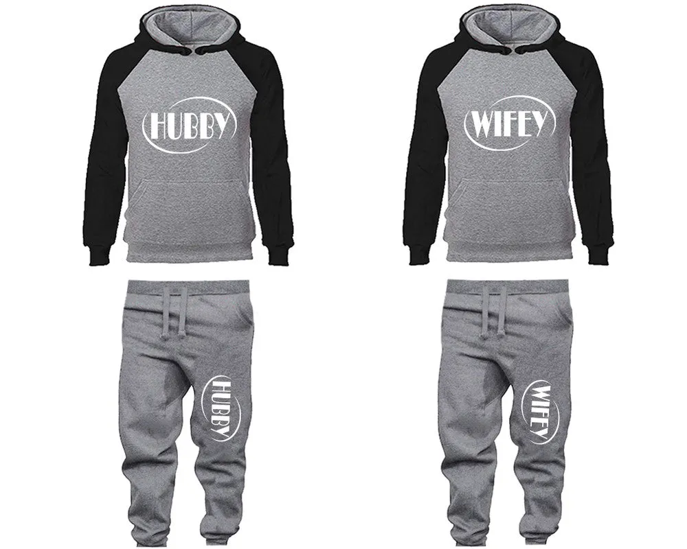 Hubby Wifey Couple Matching Top Bottom Set Raglan Hoodies and Jogger Pants