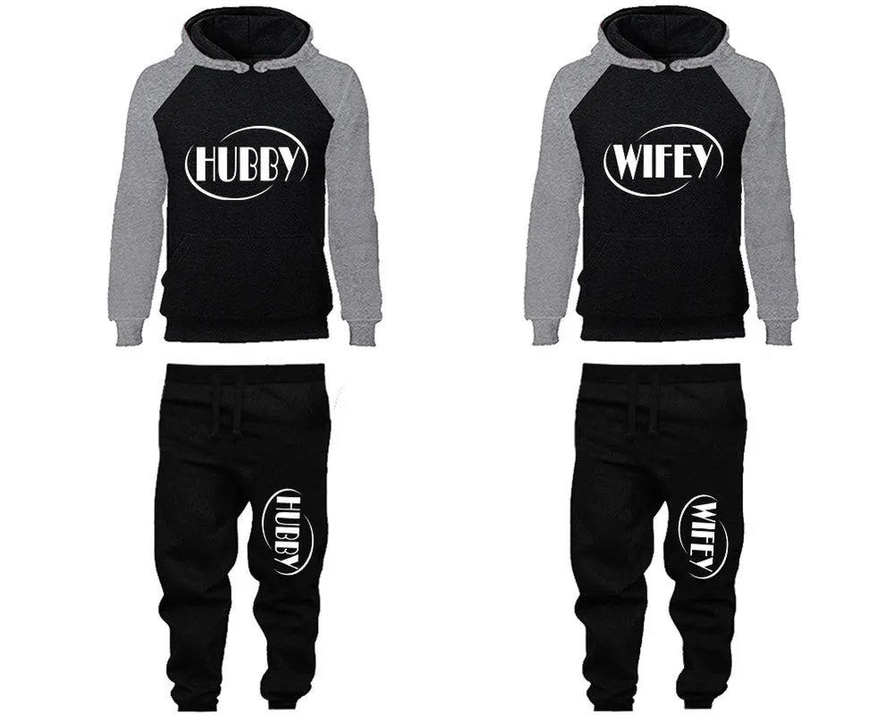 Hubby Wifey Couple Matching Top Bottom Set Raglan Hoodies and Jogger Pants