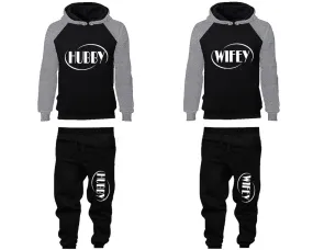 Hubby Wifey Couple Matching Top Bottom Set Raglan Hoodies and Jogger Pants