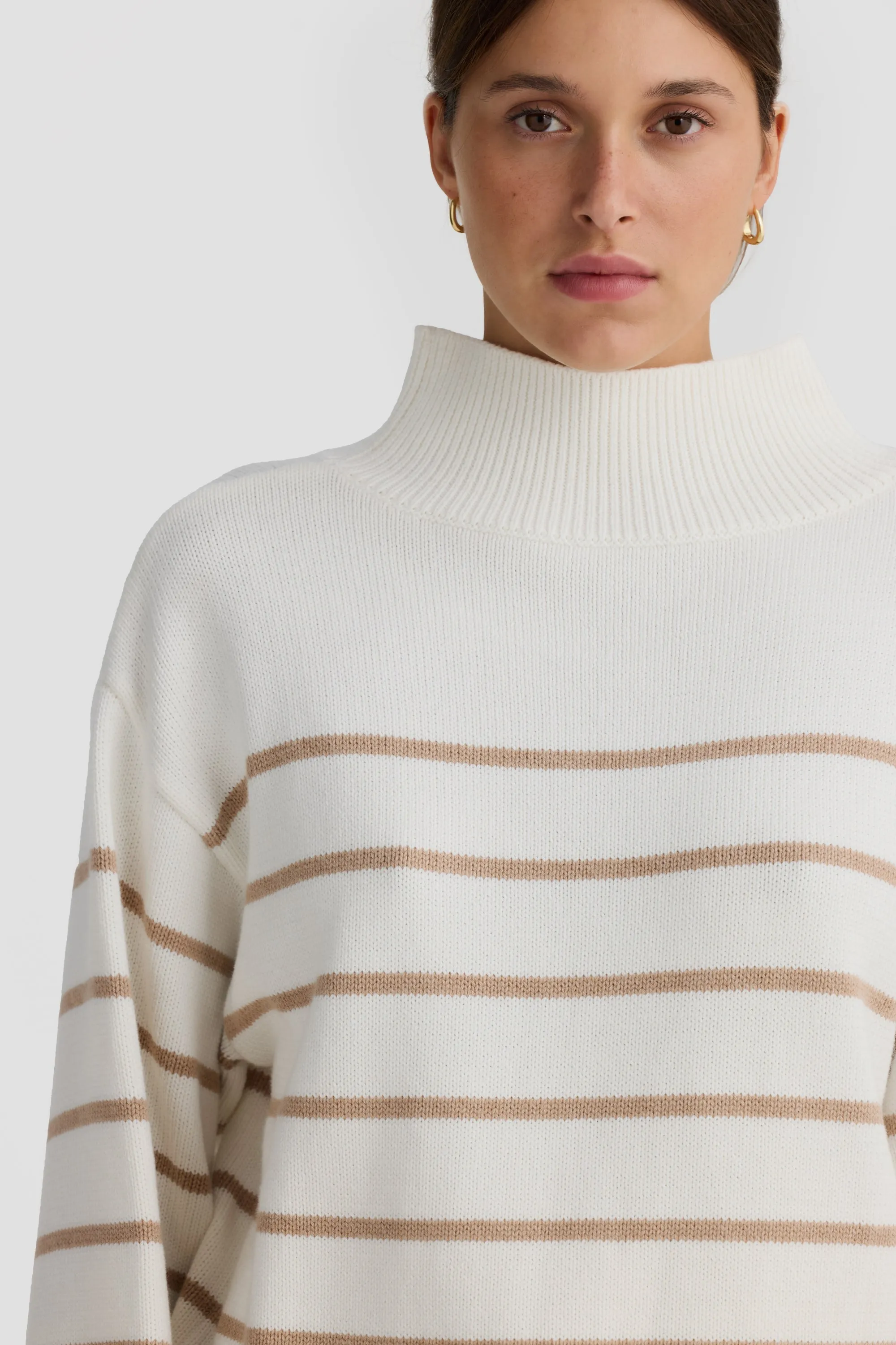 Joanie Turtle Neck Knit Sweater White and Sand