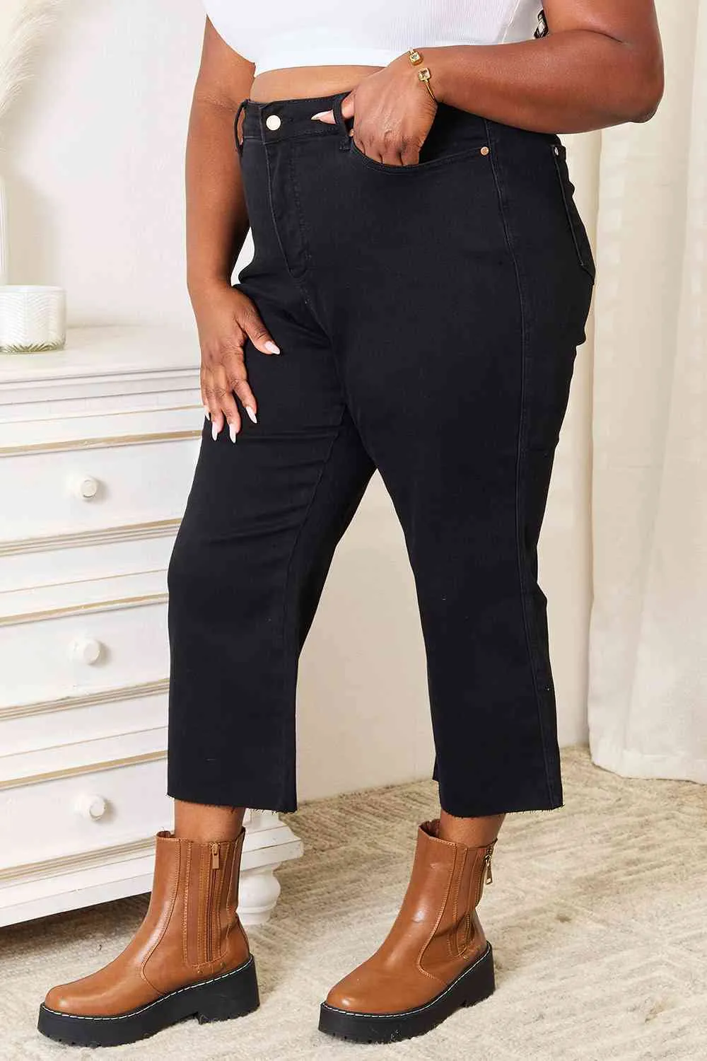 Judy Blue, High Waist Wide Leg Black Stretchy Cropped Jeans