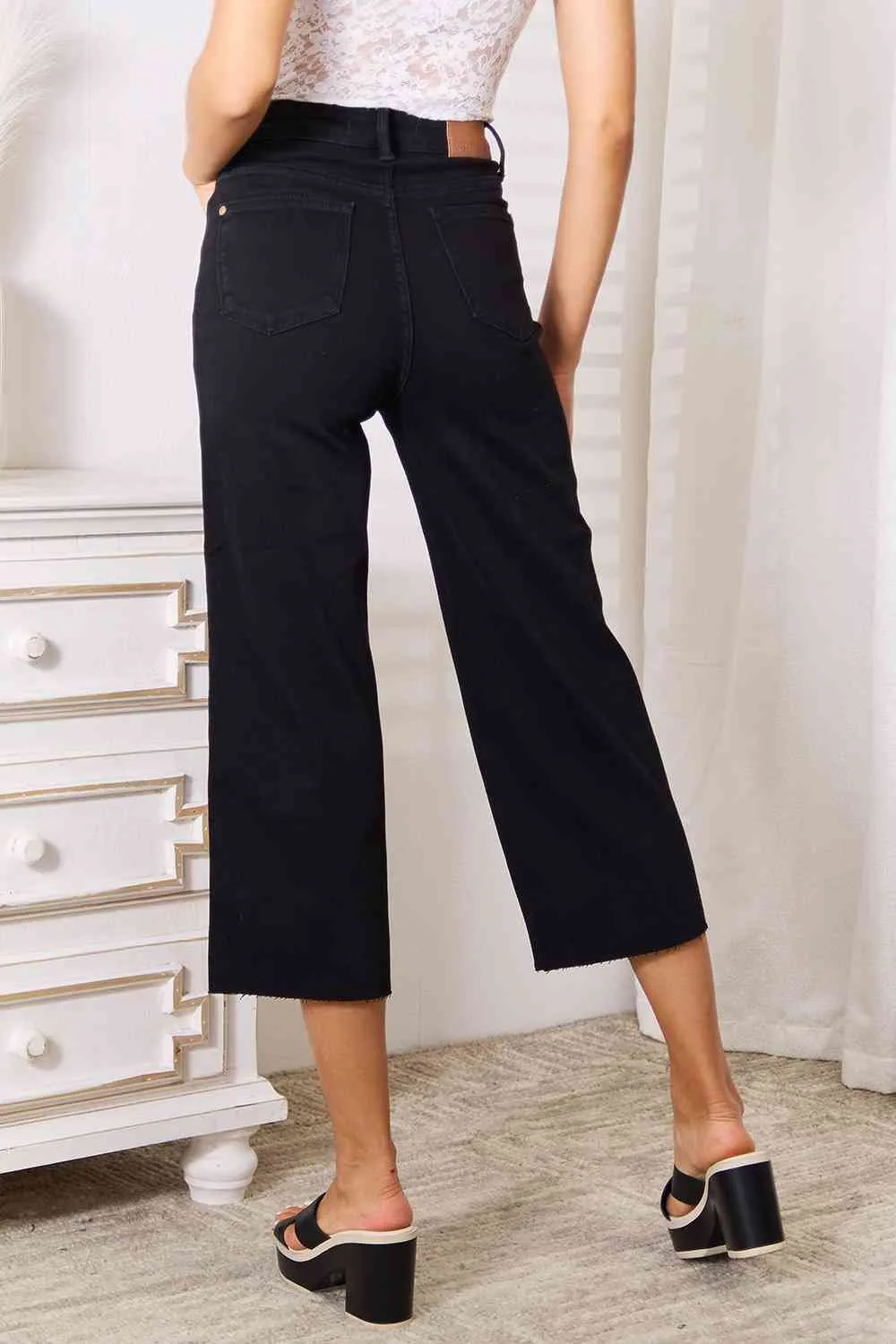 Judy Blue, High Waist Wide Leg Black Stretchy Cropped Jeans