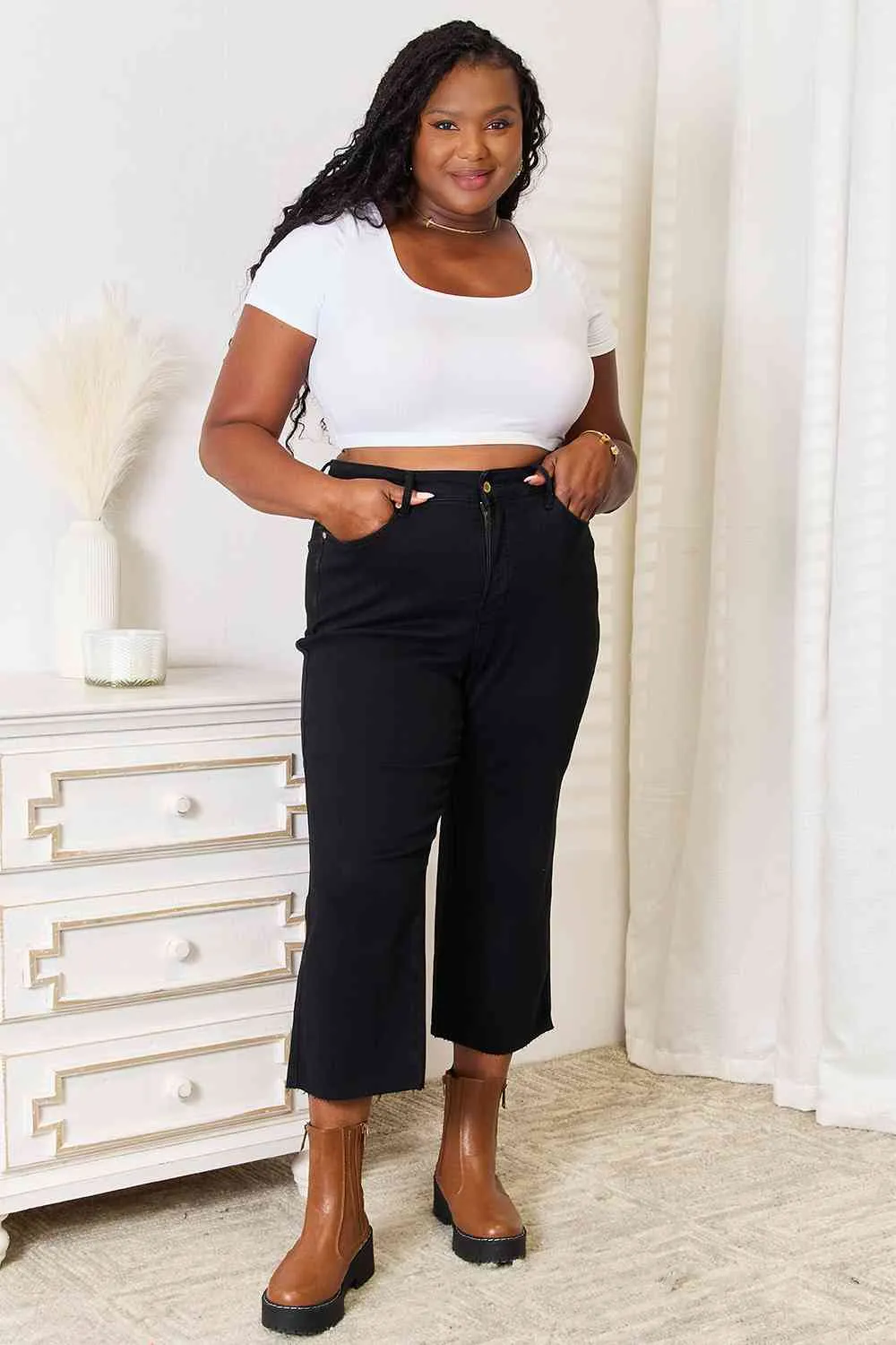 Judy Blue, High Waist Wide Leg Black Stretchy Cropped Jeans